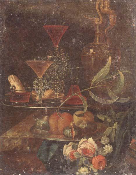 Still Life of wine-glasses,a decanter,a glass bowl,sweet breads,figs and peaches upon pewter plates,together with a gilt ewer and flowers,all upon a m, unknow artist
